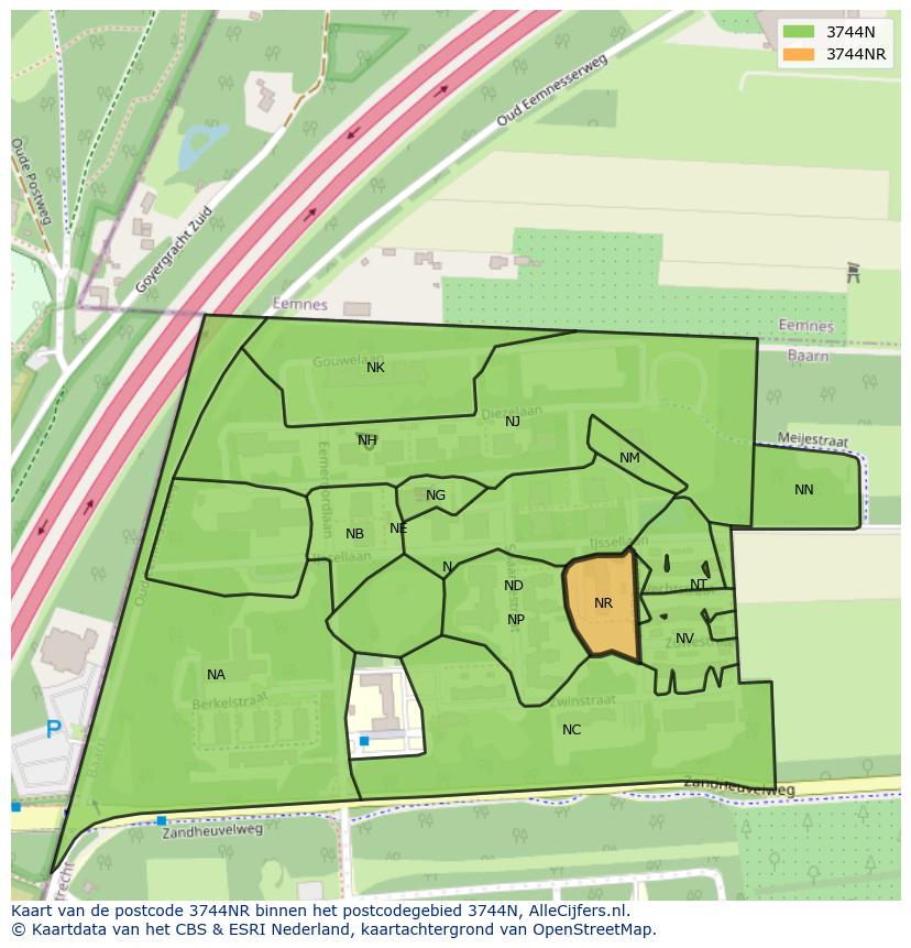 Afbeelding van het postcodegebied 3744 NR op de kaart.