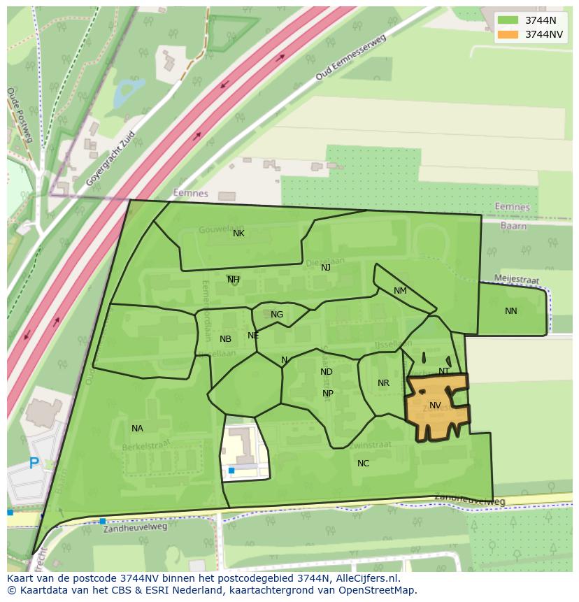Afbeelding van het postcodegebied 3744 NV op de kaart.