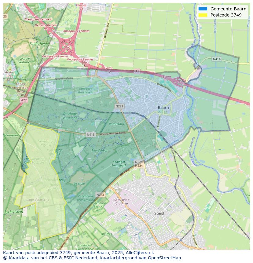 Afbeelding van het postcodegebied 3749 op de kaart.