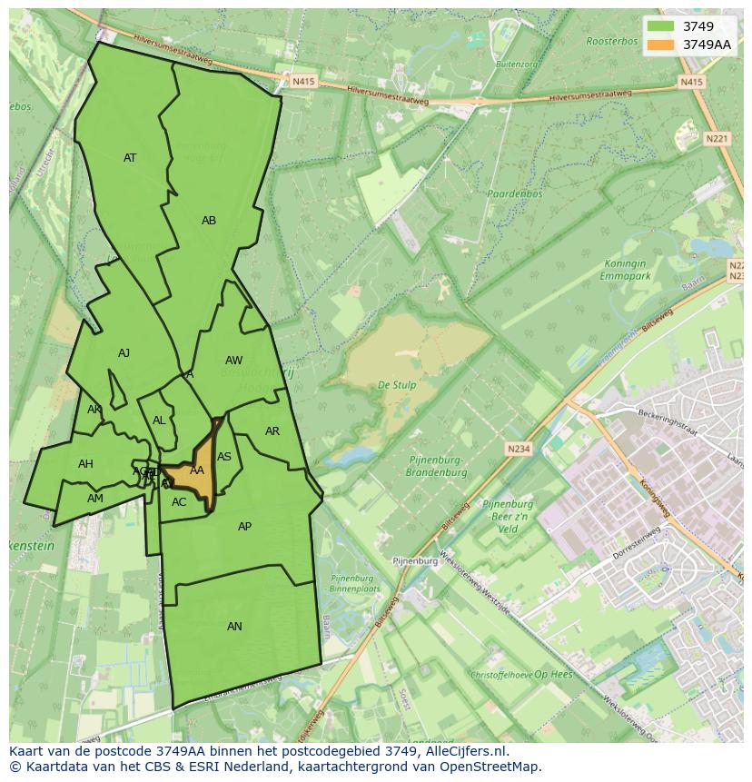 Afbeelding van het postcodegebied 3749 AA op de kaart.