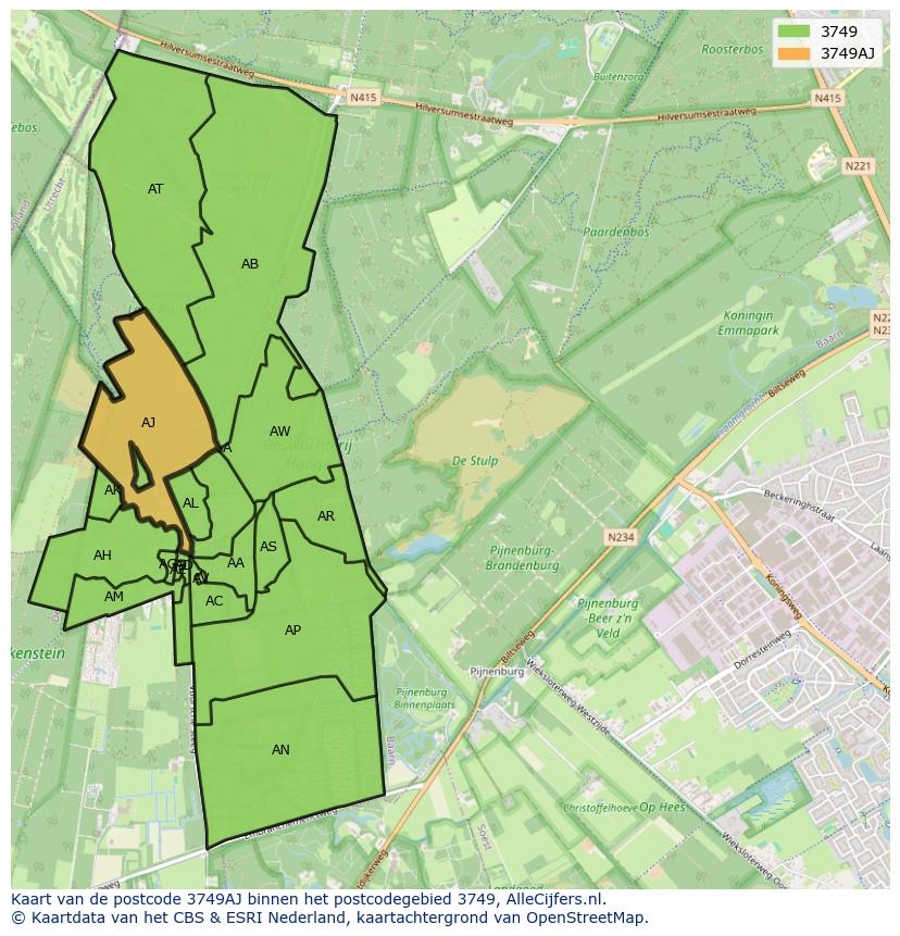 Afbeelding van het postcodegebied 3749 AJ op de kaart.