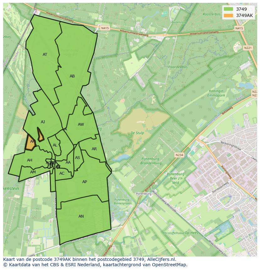 Afbeelding van het postcodegebied 3749 AK op de kaart.