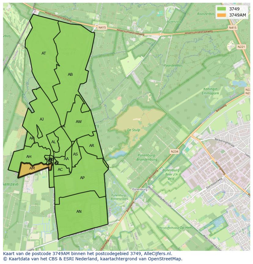 Afbeelding van het postcodegebied 3749 AM op de kaart.
