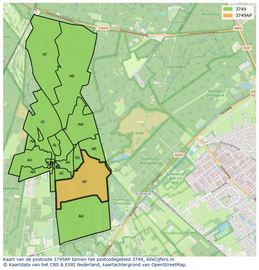 Afbeelding van het postcodegebied 3749 AP op de kaart.