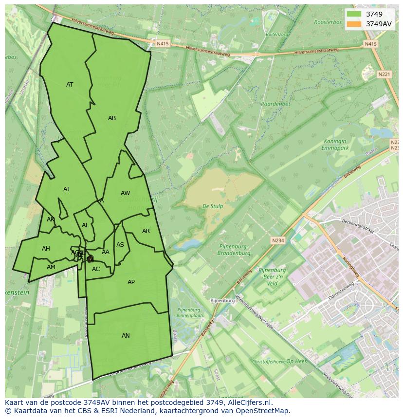 Afbeelding van het postcodegebied 3749 AV op de kaart.