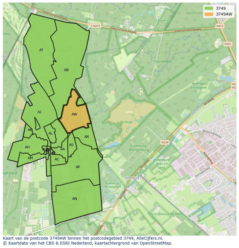 Afbeelding van het postcodegebied 3749 AW op de kaart.
