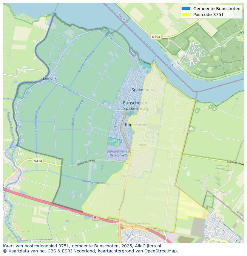 Afbeelding van het postcodegebied 3751 op de kaart.