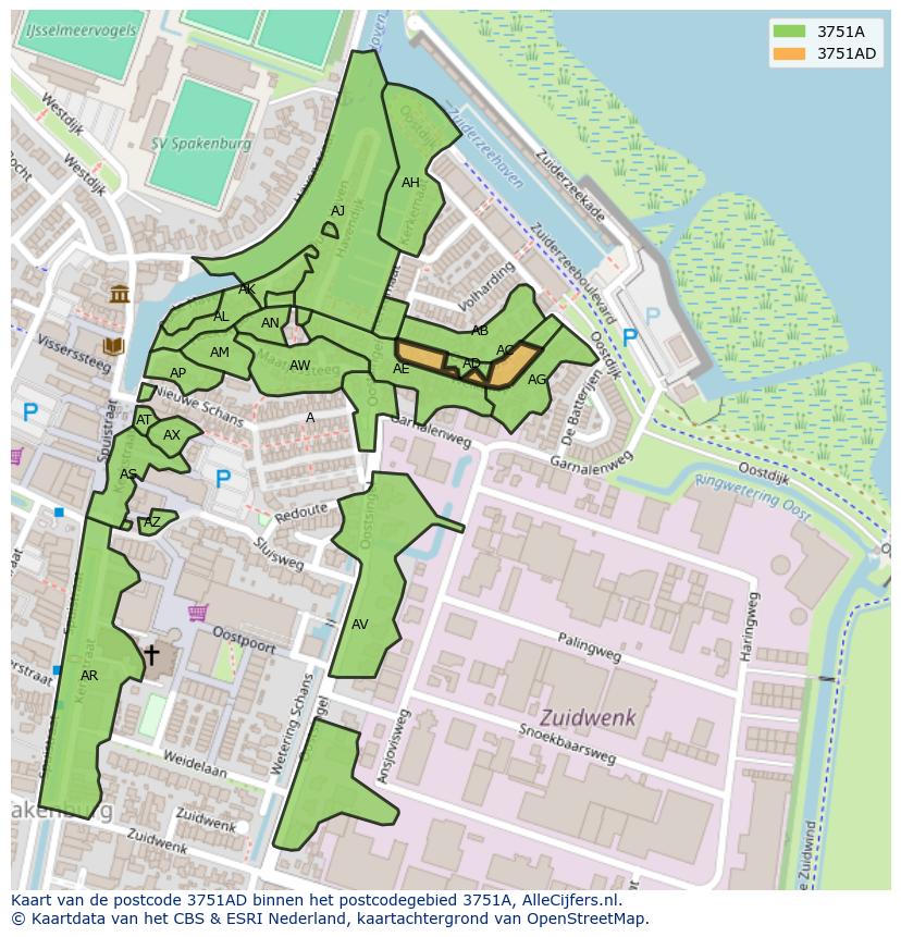 Afbeelding van het postcodegebied 3751 AD op de kaart.