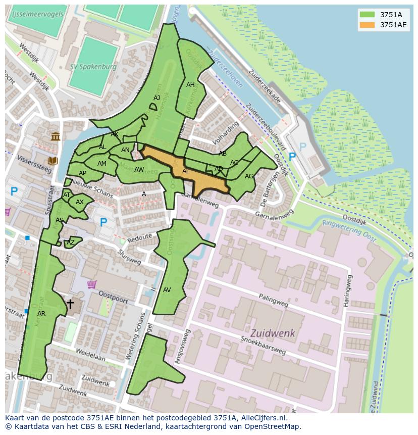 Afbeelding van het postcodegebied 3751 AE op de kaart.