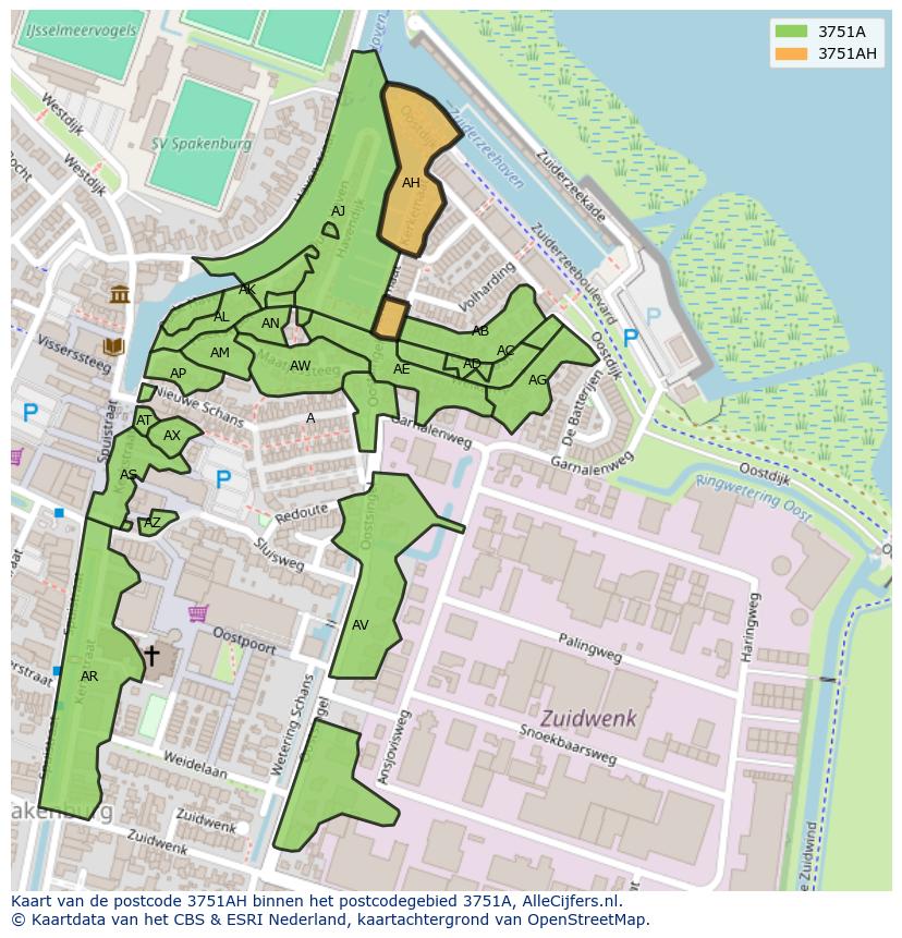 Afbeelding van het postcodegebied 3751 AH op de kaart.