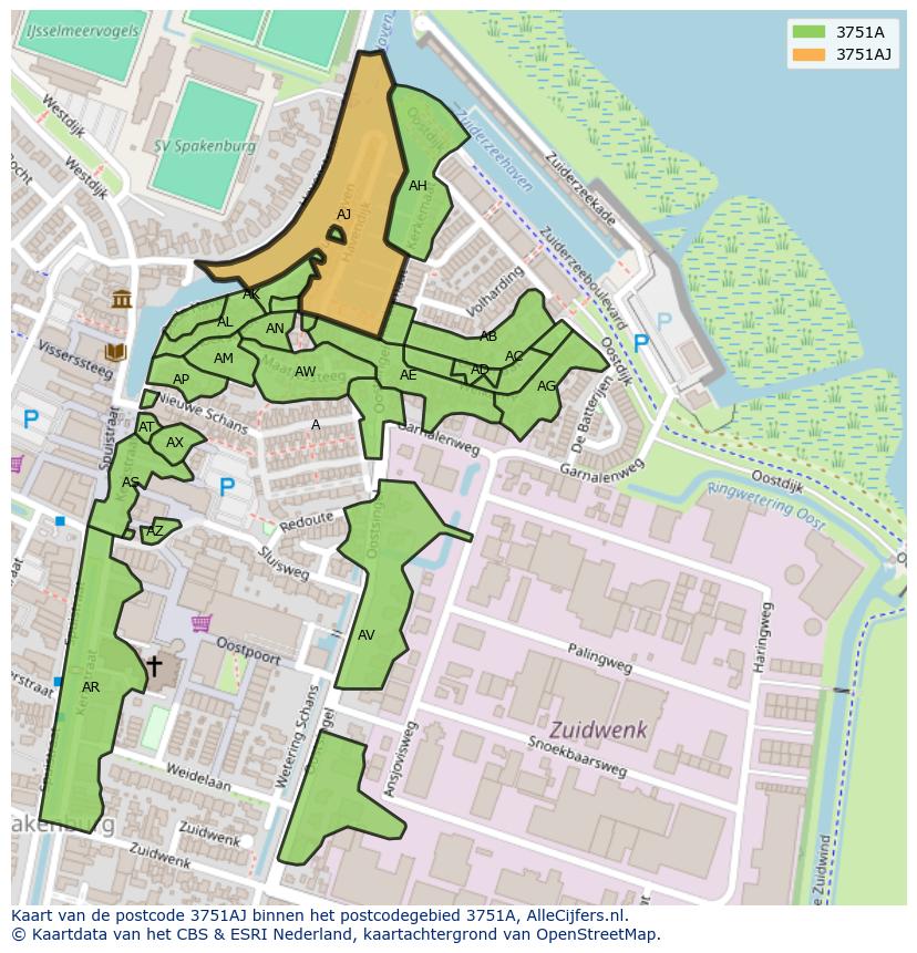 Afbeelding van het postcodegebied 3751 AJ op de kaart.