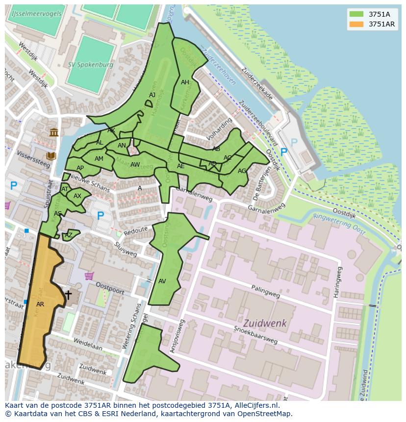 Afbeelding van het postcodegebied 3751 AR op de kaart.