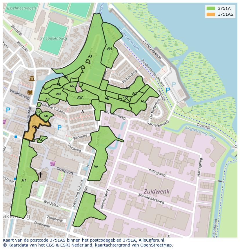 Afbeelding van het postcodegebied 3751 AS op de kaart.