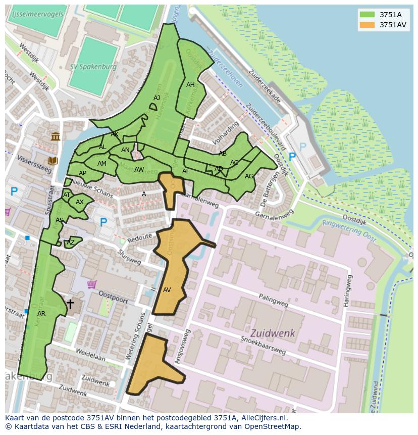 Afbeelding van het postcodegebied 3751 AV op de kaart.