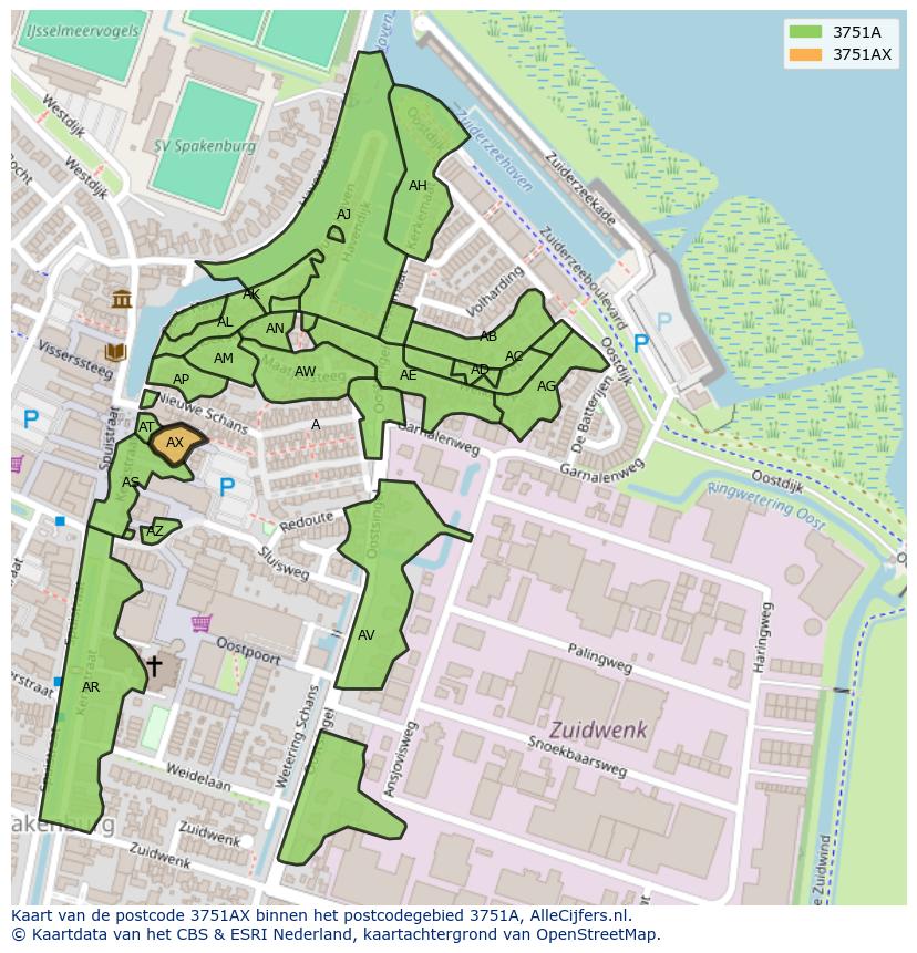Afbeelding van het postcodegebied 3751 AX op de kaart.