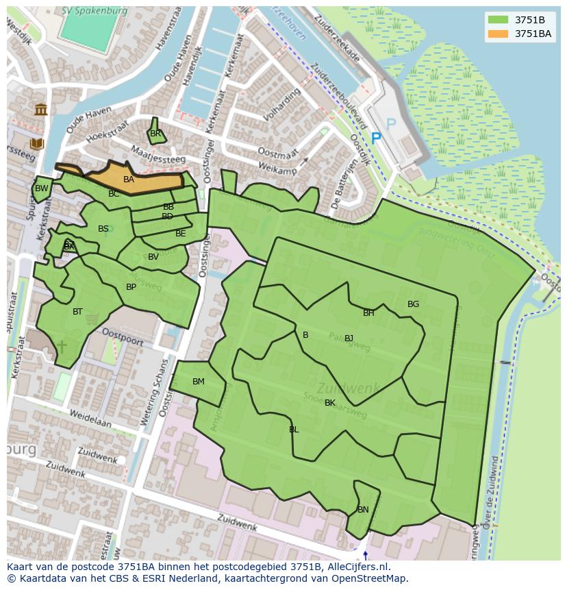 Afbeelding van het postcodegebied 3751 BA op de kaart.