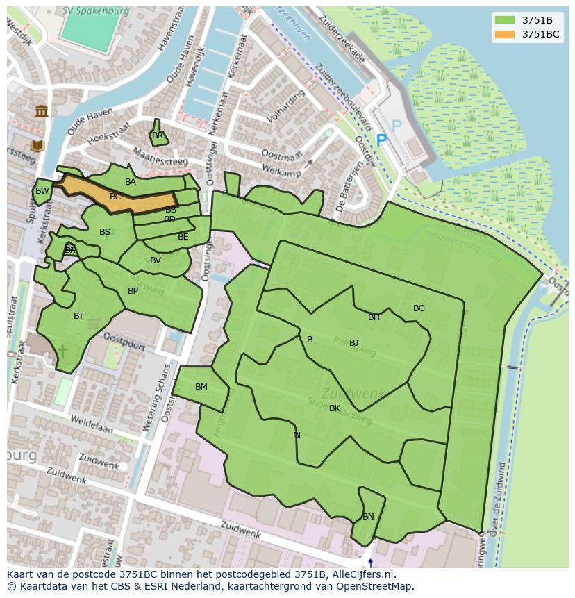 Afbeelding van het postcodegebied 3751 BC op de kaart.