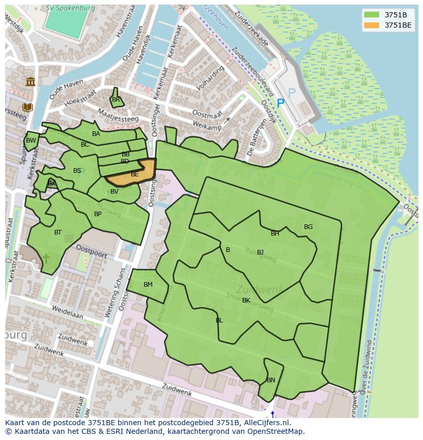 Afbeelding van het postcodegebied 3751 BE op de kaart.