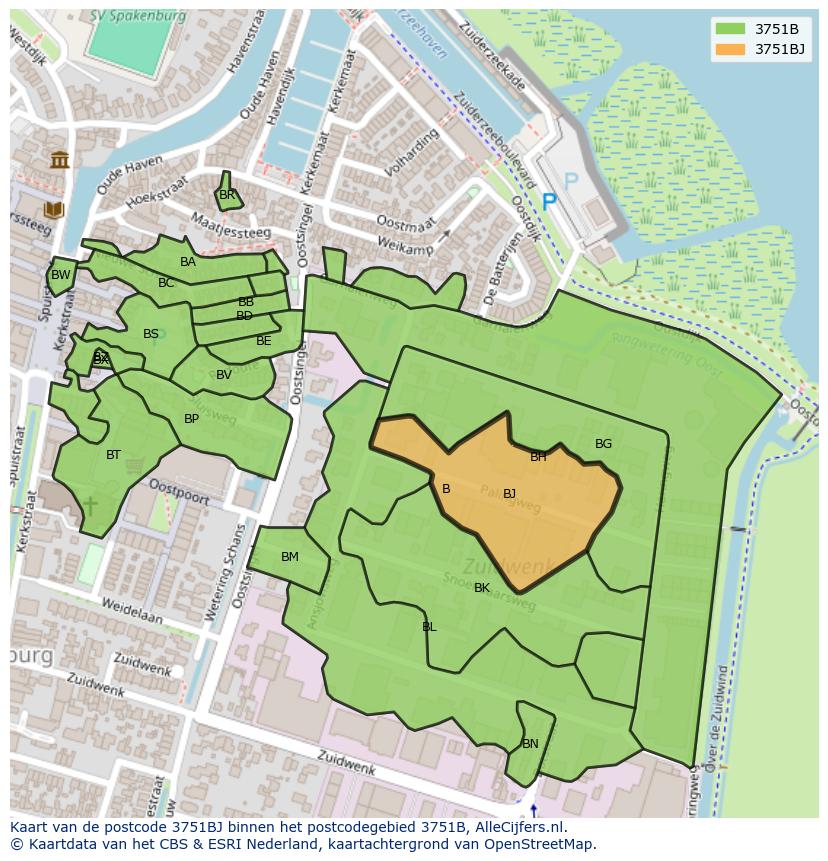 Afbeelding van het postcodegebied 3751 BJ op de kaart.