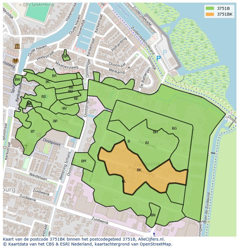 Afbeelding van het postcodegebied 3751 BK op de kaart.