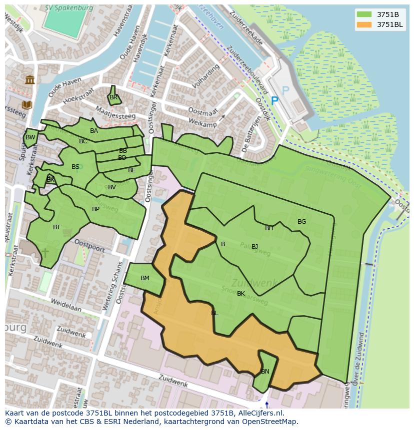 Afbeelding van het postcodegebied 3751 BL op de kaart.