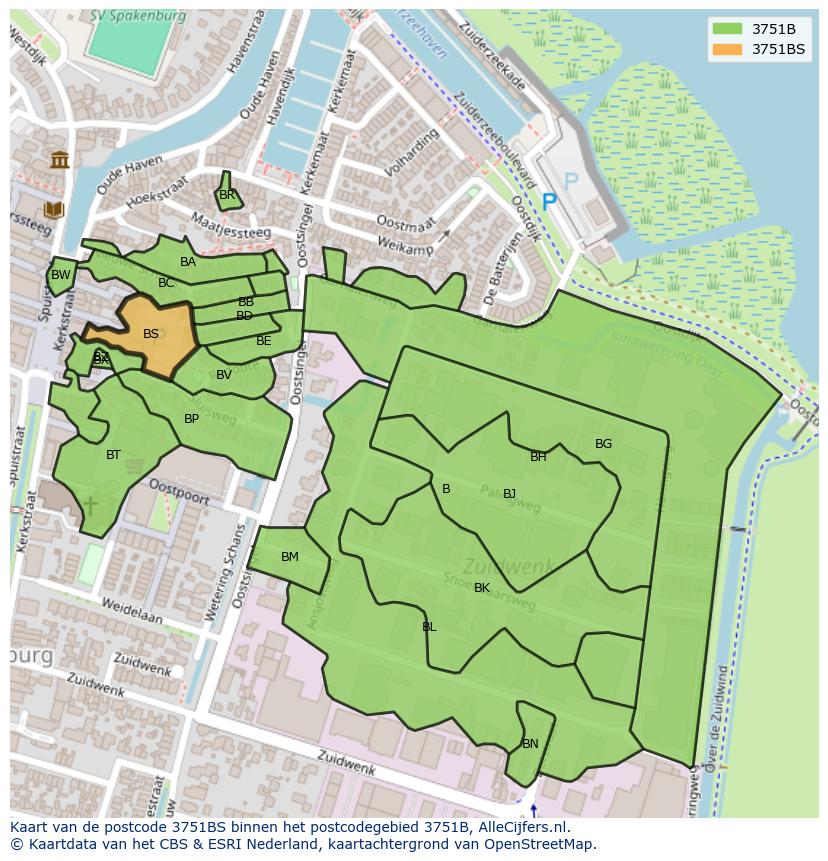 Afbeelding van het postcodegebied 3751 BS op de kaart.
