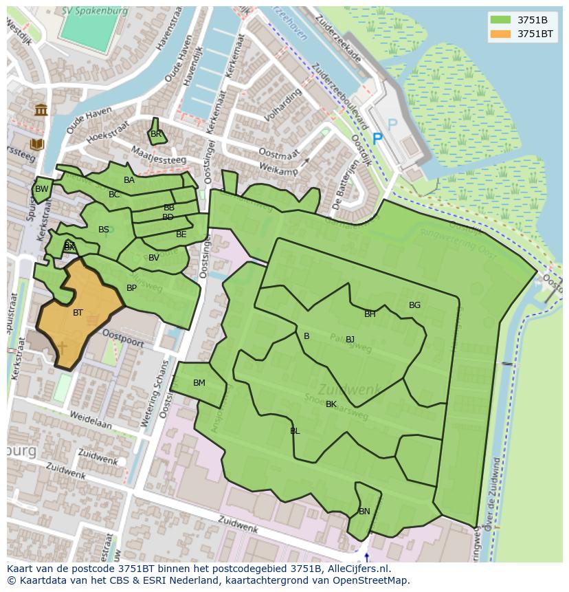 Afbeelding van het postcodegebied 3751 BT op de kaart.