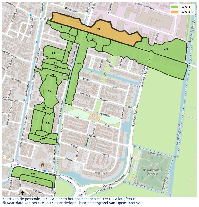 Afbeelding van het postcodegebied 3751 CA op de kaart.