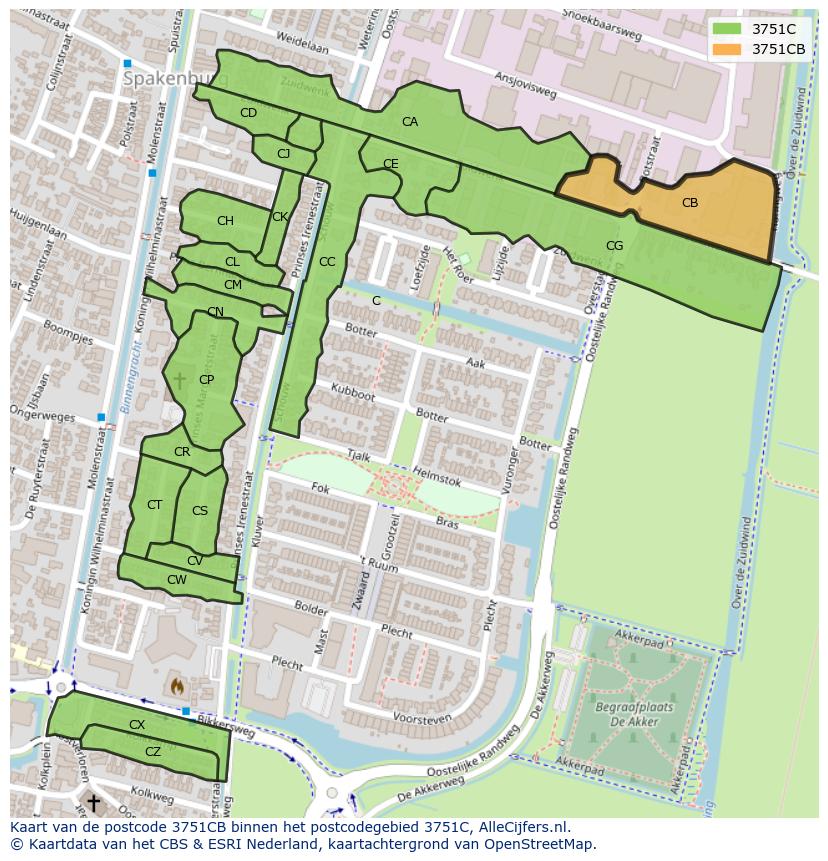 Afbeelding van het postcodegebied 3751 CB op de kaart.