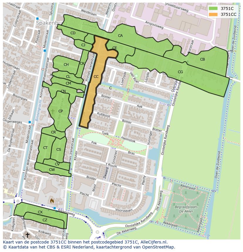 Afbeelding van het postcodegebied 3751 CC op de kaart.