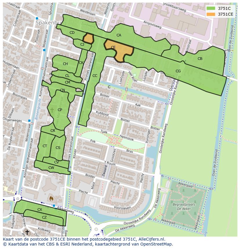 Afbeelding van het postcodegebied 3751 CE op de kaart.