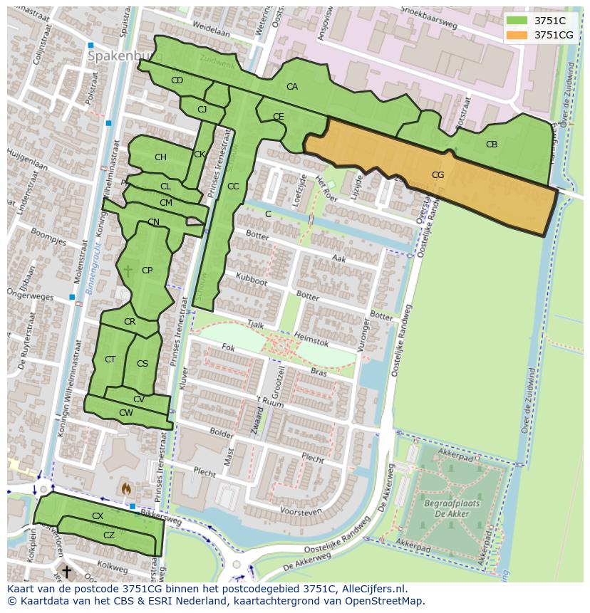 Afbeelding van het postcodegebied 3751 CG op de kaart.