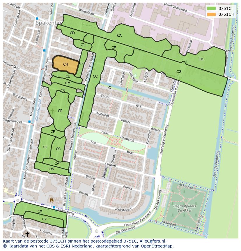 Afbeelding van het postcodegebied 3751 CH op de kaart.