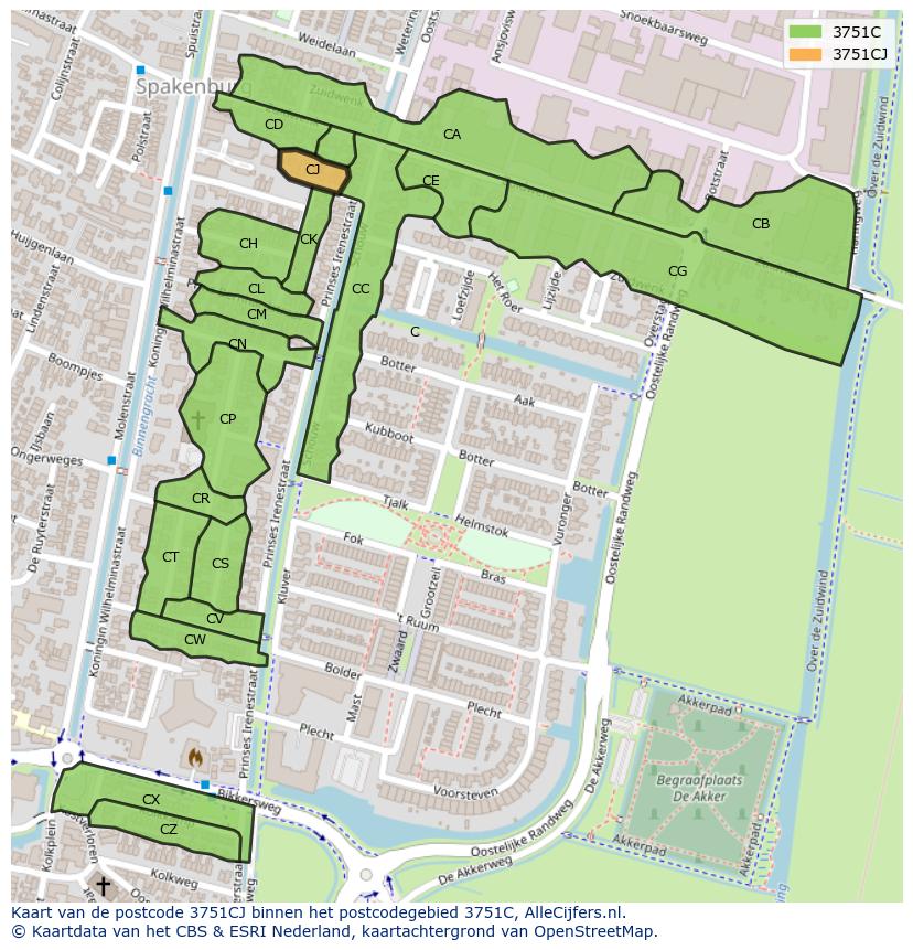 Afbeelding van het postcodegebied 3751 CJ op de kaart.