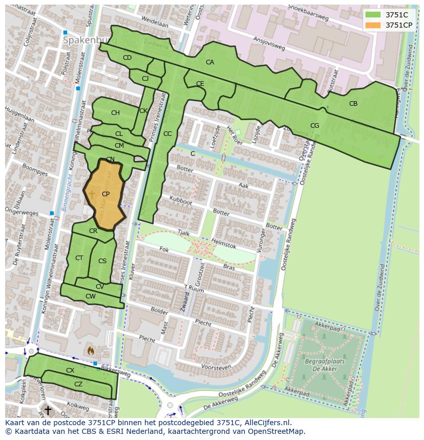 Afbeelding van het postcodegebied 3751 CP op de kaart.