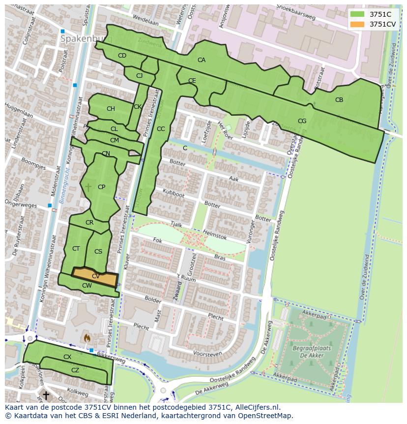 Afbeelding van het postcodegebied 3751 CV op de kaart.