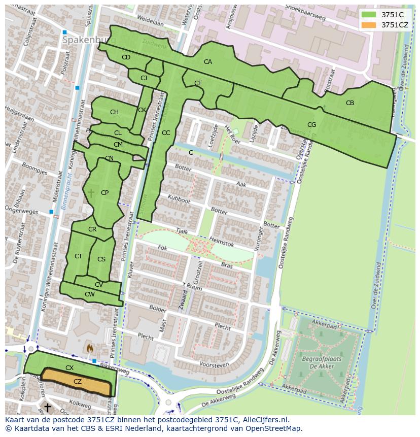 Afbeelding van het postcodegebied 3751 CZ op de kaart.