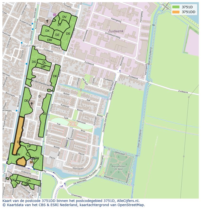 Afbeelding van het postcodegebied 3751 DD op de kaart.