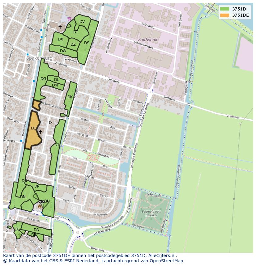 Afbeelding van het postcodegebied 3751 DE op de kaart.