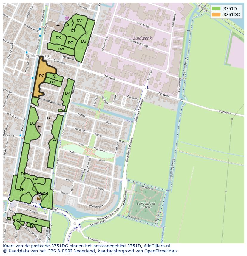 Afbeelding van het postcodegebied 3751 DG op de kaart.