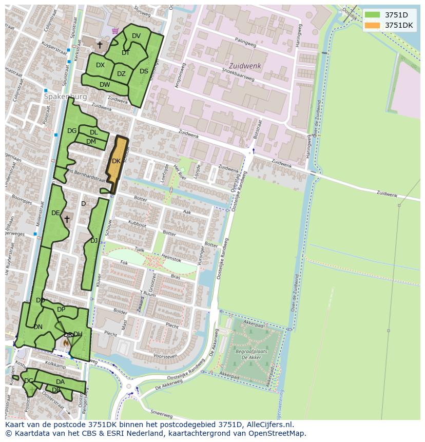 Afbeelding van het postcodegebied 3751 DK op de kaart.