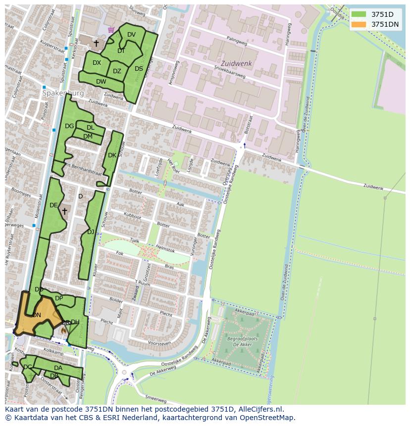 Afbeelding van het postcodegebied 3751 DN op de kaart.