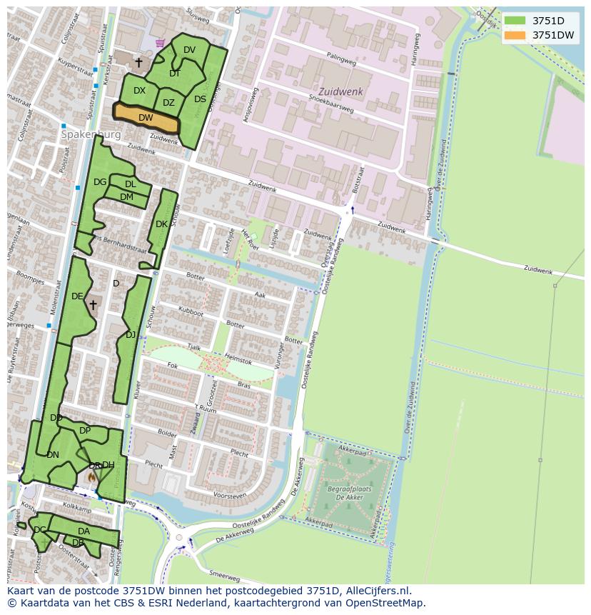 Afbeelding van het postcodegebied 3751 DW op de kaart.