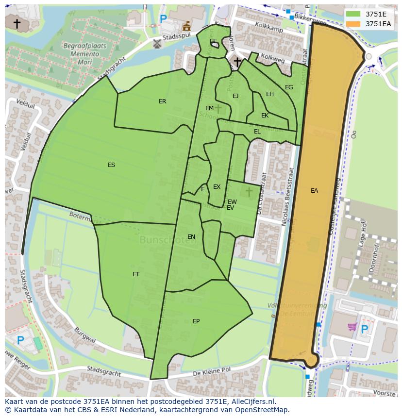 Afbeelding van het postcodegebied 3751 EA op de kaart.