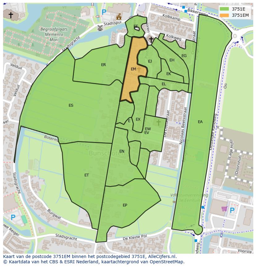 Afbeelding van het postcodegebied 3751 EM op de kaart.