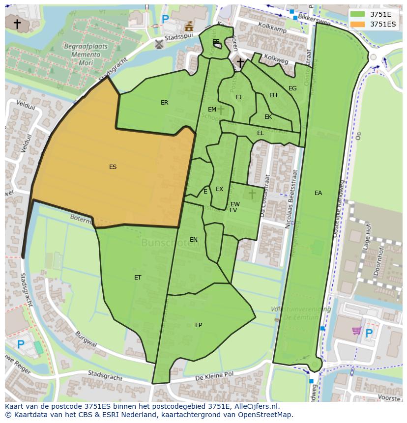 Afbeelding van het postcodegebied 3751 ES op de kaart.
