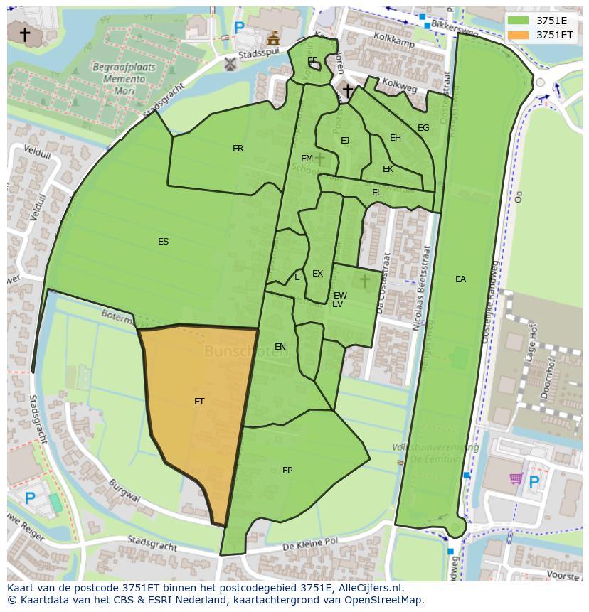Afbeelding van het postcodegebied 3751 ET op de kaart.