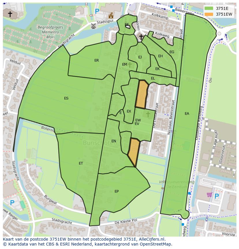 Afbeelding van het postcodegebied 3751 EW op de kaart.