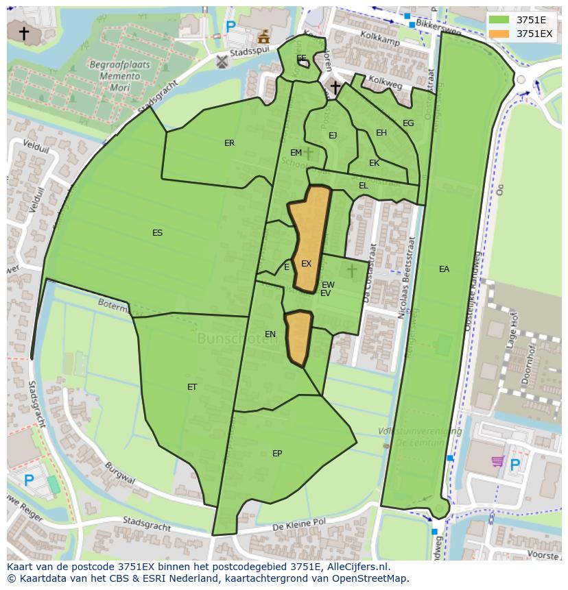 Afbeelding van het postcodegebied 3751 EX op de kaart.