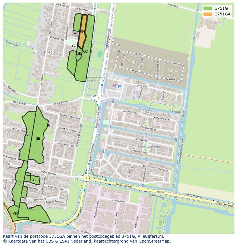 Afbeelding van het postcodegebied 3751 GA op de kaart.